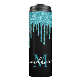 Monogram Black Aquamarin Blue Glitzer Tropfen Thermosbecher