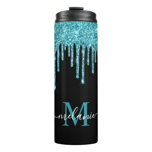 Monogram Black Aquamarin Blue Glitzer Tropfen Thermosbecher (Vorderseite)