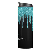 Monogram Black Aquamarin Blue Glitzer Tropfen Thermosbecher (Nach rechts gedreht)