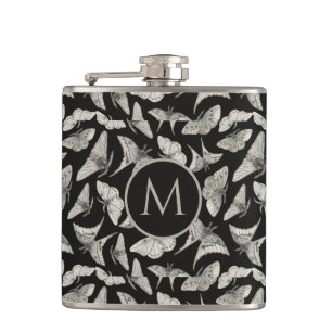 Monogram Black Beige Moth Bug Pattern Flachmann