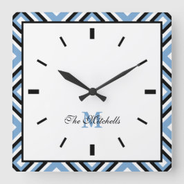 Monogram Black Blue White Modern Square Wall Clock Quadratische Wanduhr