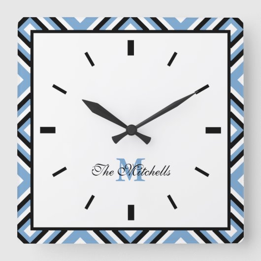 Monogram Black Blue White Modern Square Wall Clock Quadratische Wanduhr (Vorderseite)