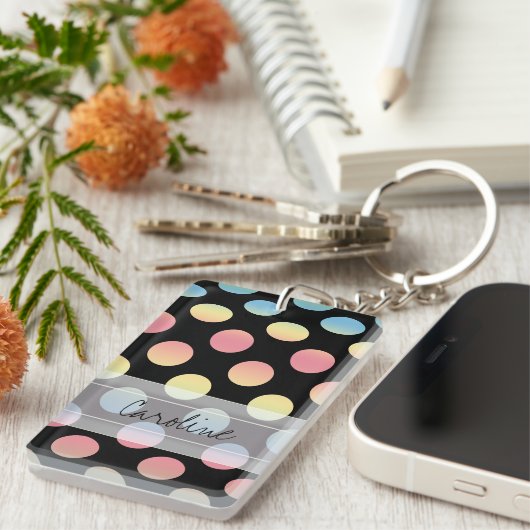 Monogram Black Blue Yellow Pink Polka Dot Pattern Schlüsselanhänger (Vorderseite rechts)
