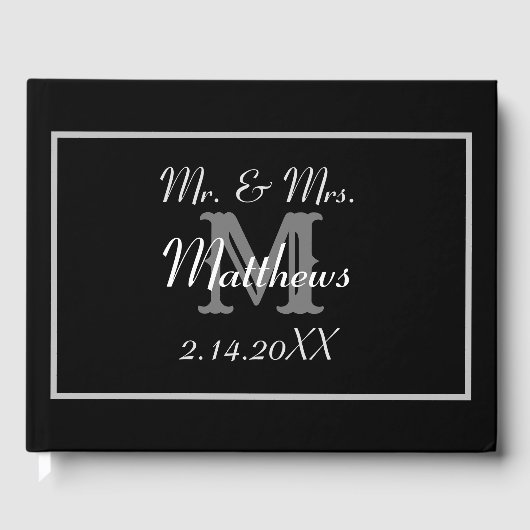 Monogram Black Bride Groom Date Hochzeit Gästebuch (Vorderseite)