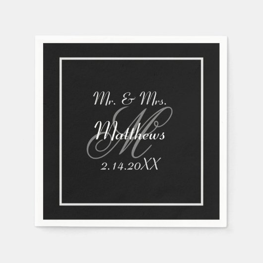 Monogram Black Bride Groom Date Hochzeit Serviette (Vorderseite)