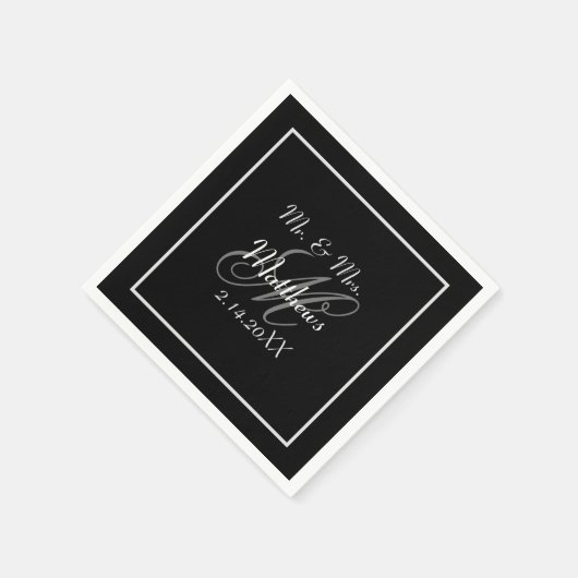 Monogram Black Bride Groom Date Hochzeit Serviette (Ecke)