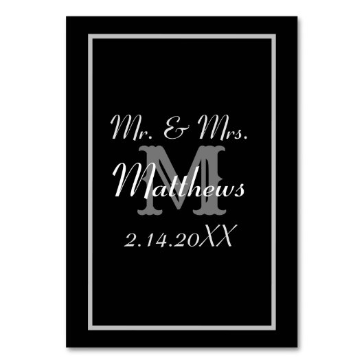 Monogram Black Bride Groom Date Hochzeit Tischnummer (Vorderseite)