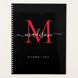 Monogram Black Burgundy Girly Script Name 2021 Planer