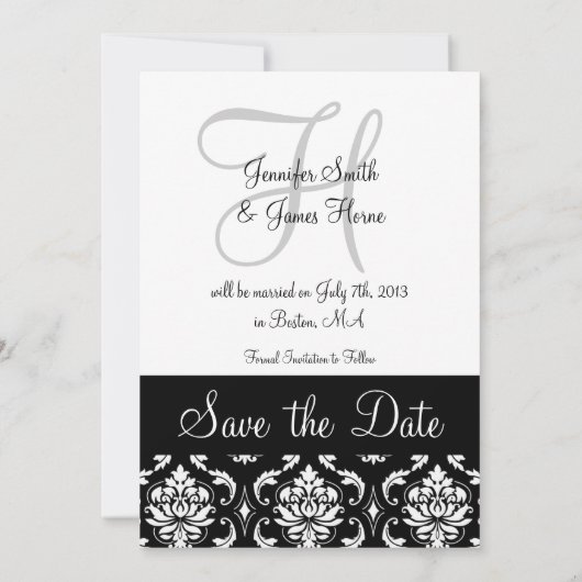 Monogram Black Damask Foto Save the Date (Rückseite)