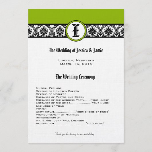 Monogram Black Damask Hochzeitsprogramm Programm (Vorderseite)