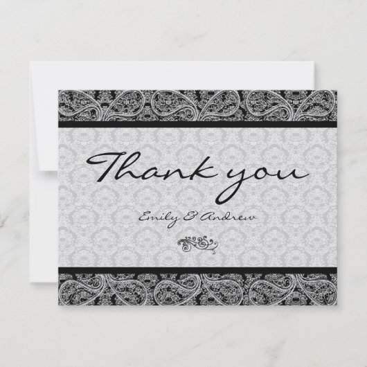 Monogram Black Damask Paisley Wedding Vielen Dank Dankeskarte (Vorderseite)