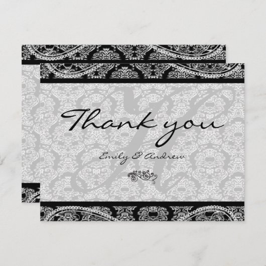 Monogram Black Damask Paisley Wedding Vielen Dank Dankeskarte (Vorne/Hinten)