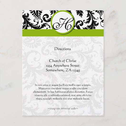Monogram Black Damask Swirl Wedding Direction Card Begleitkarte (Vorderseite)