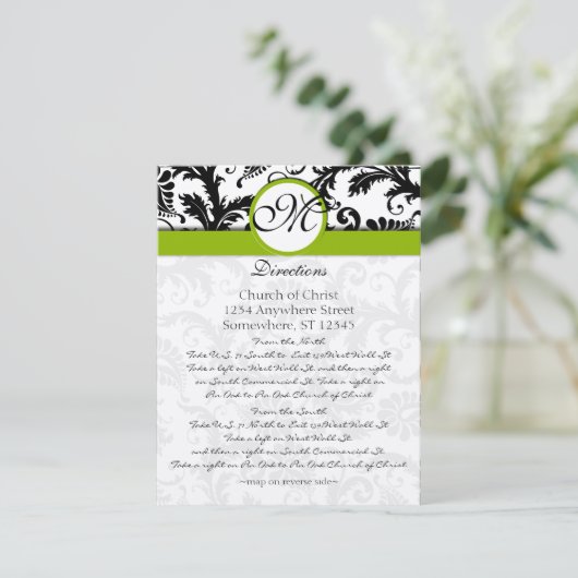 Monogram Black Damask Swirl Wedding Direction Card Einladung (Stehend Vorderseite)