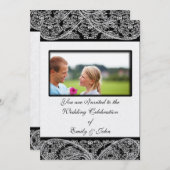 Monogram Black Damask Wedding Invitation Foto Einladung (Vorne/Hinten)