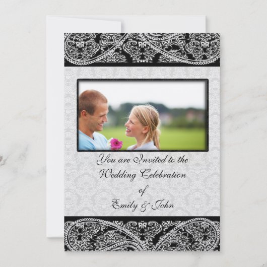 Monogram Black Damask Wedding Invitation Foto Einladung (Vorderseite)