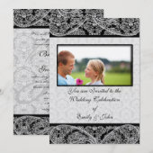 Monogram Black Damask Wedding Invitation Foto Einladung (Vorne/Hinten)