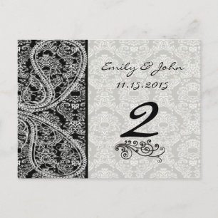 Monogram Black Damask Wedelkarten-Tischnummer Postkarte