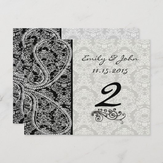 Monogram Black Damask Wedelkarten-Tischnummer Postkarte (Vorne/Hinten)