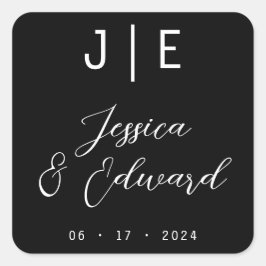 Monogram Black Elegant Script Couple Name Modern Quadratischer Aufkleber