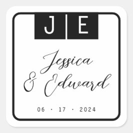 Monogram Black Elegant Script Couple Name Modern Quadratischer Aufkleber