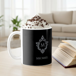 Monogram Black Elegant Vintag Wappen Initial Name Kaffeetasse