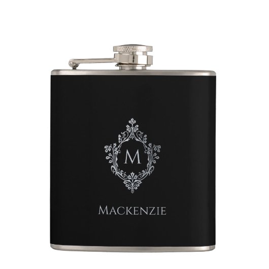 Monogram Black Elegant Vintages Wappen Grauer Name Flachmann (Vorderseite)