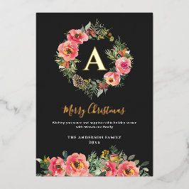 Monogram Black Floral Botanical Wreath Christmas Folien Feiertagskarte
