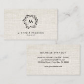 Monogram Black Floral Wreath Tan Linen Florist Visitenkarte (Vorne/Hinten)