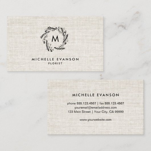 Monogram Black Floral Wreath Tan Linen Florist Visitenkarte (Vorne/Hinten)