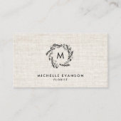 Monogram Black Floral Wreath Tan Linen Florist Visitenkarte (Vorderseite)