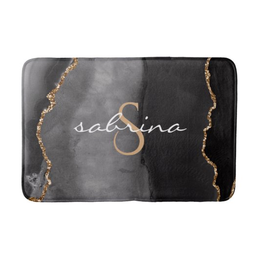 Monogram Black Gold Agate Geode Badematte (Vorderseite)