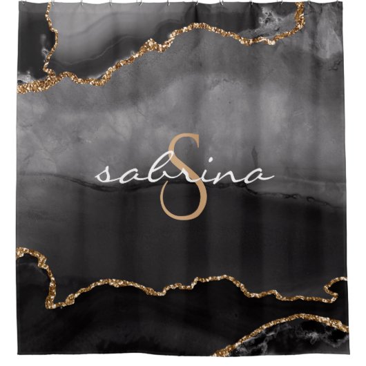 Monogram Black Gold Agate Geode Duschvorhang (Vorderseite)