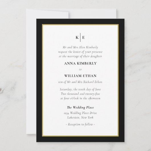 Monogram Black Gold - Bridge Wedding Einladung (Vorderseite)