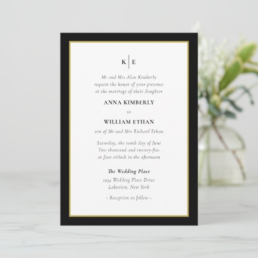 Monogram Black Gold - Bridge Wedding Einladung (Stehend Vorderseite)