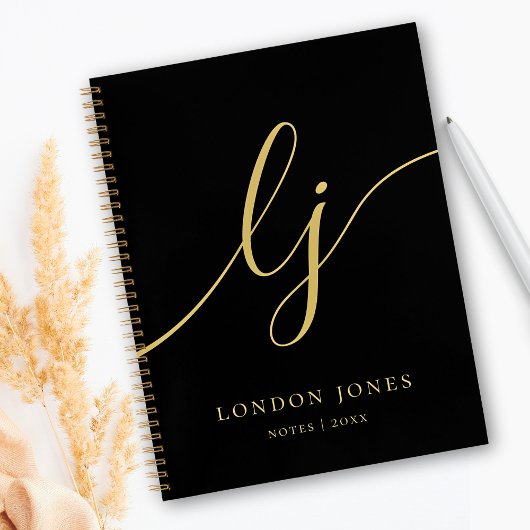 Monogram Black Gold Calligraphy 2 Initial Script Notizblock