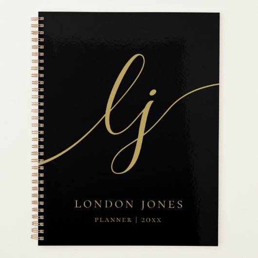 Monogram Black Gold Calligraphy Initials Business Planer (Vorderseite)