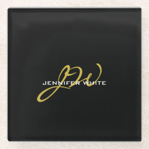 Monogram Black Gold Color Schlicht Moderner Name Glasuntersetzer