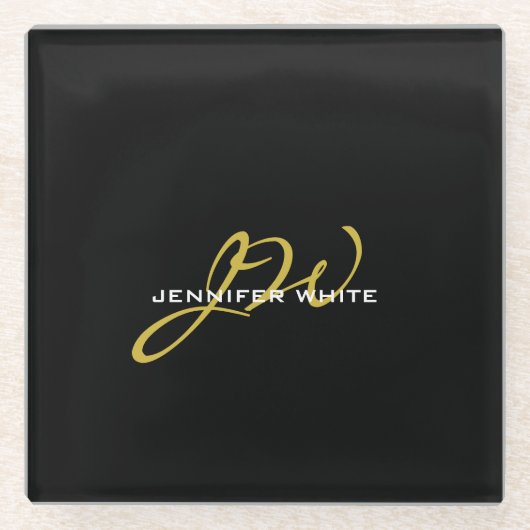 Monogram Black Gold Color Schlicht Moderner Name Glasuntersetzer (Vorderseite)