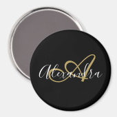 Monogram Black Gold Elegant Script Name Magnet (Vorderseite/Rückseite)