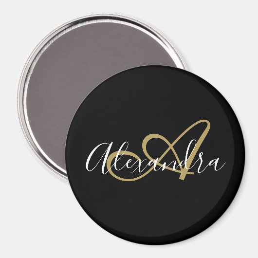 Monogram Black Gold Elegant Script Name Magnet (Vorderseite/Rückseite)
