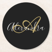 Monogram Black Gold Elegant Script Name Runder Pappuntersetzer (Vorderseite)