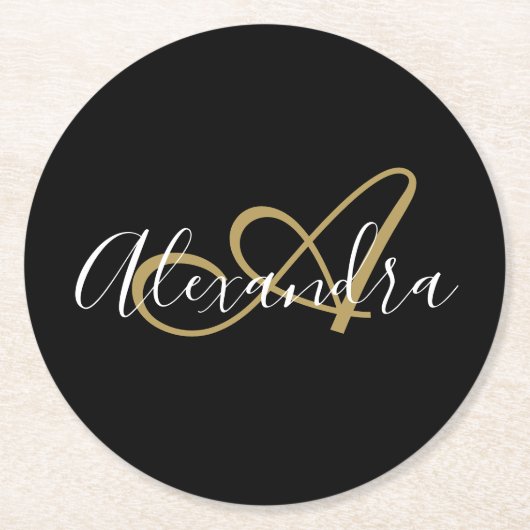 Monogram Black Gold Elegant Script Name Runder Pappuntersetzer (Vorderseite)