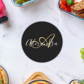 Monogram Black Gold Elegant Script Name Runder Pappuntersetzer