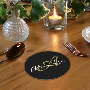 Monogram Black Gold Elegant Script Name Runder Pappuntersetzer