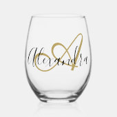 Monogram Black Gold Elegant Script Name Weinglas Ohne Stiel (Vorderseite)