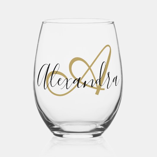 Monogram Black Gold Elegant Script Name Weinglas Ohne Stiel (Vorderseite)