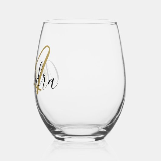 Monogram Black Gold Elegant Script Name Weinglas Ohne Stiel (Links)