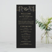 Monogram Black Gold Elegant Wedding Program (Stehend Vorderseite)