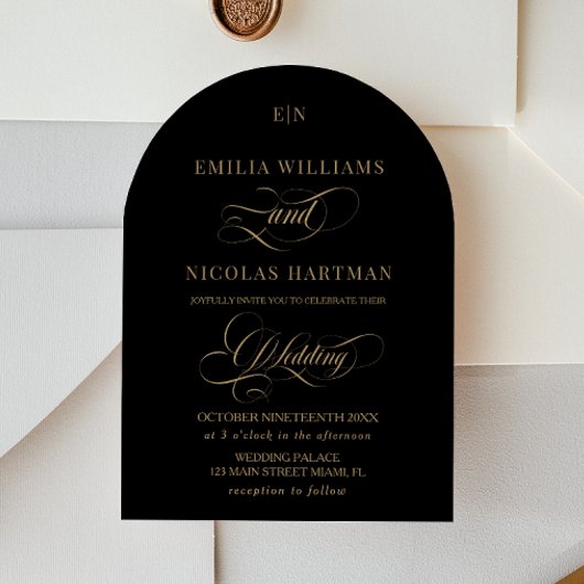 Monogram Black Gold Elegante Calligrafy Wedding Einladung